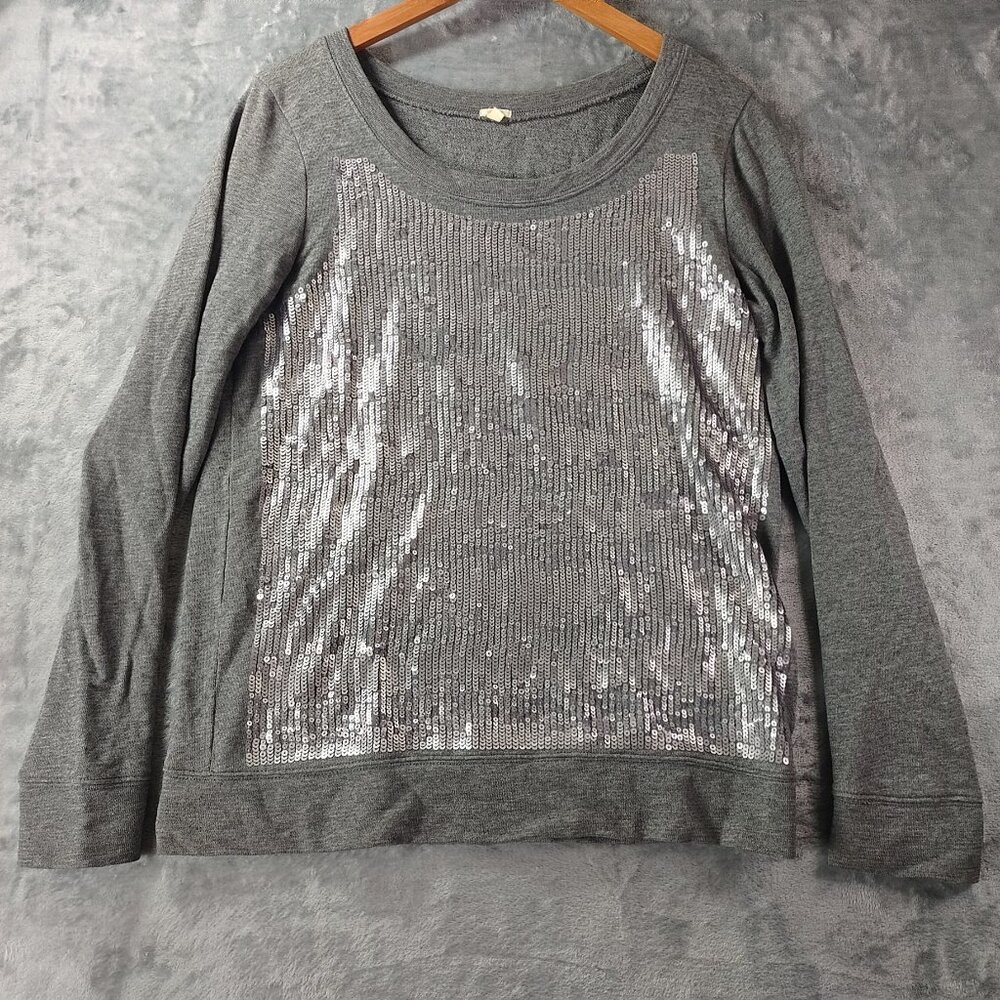 J Crew Womens Gray Sequin Sweatshirt Style 33583 M 100% Cotton‎ Scoop Neck Glam